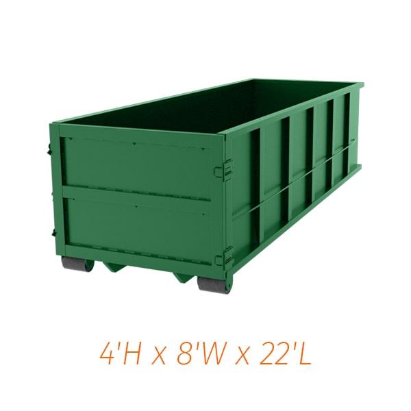 the twenty-yard dumpsters can be used for a variety of materials including construction debris, household junk, and yard waste